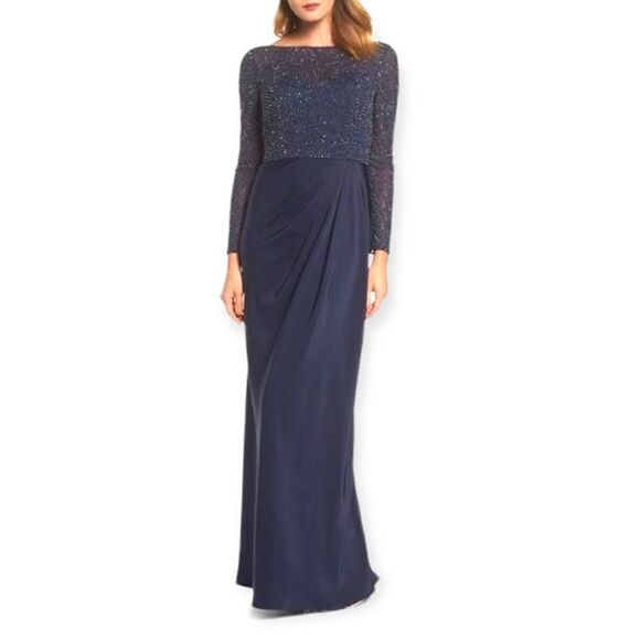 NWT La Femme Long Sleeve Navy Blue Beaded Gathered Soft Jersey Dress Size 6 - Picture 1 of 9
